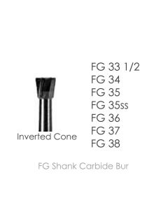 FG shank carbide bur, inverted cone showing all the sizes 33-1/2 through 38